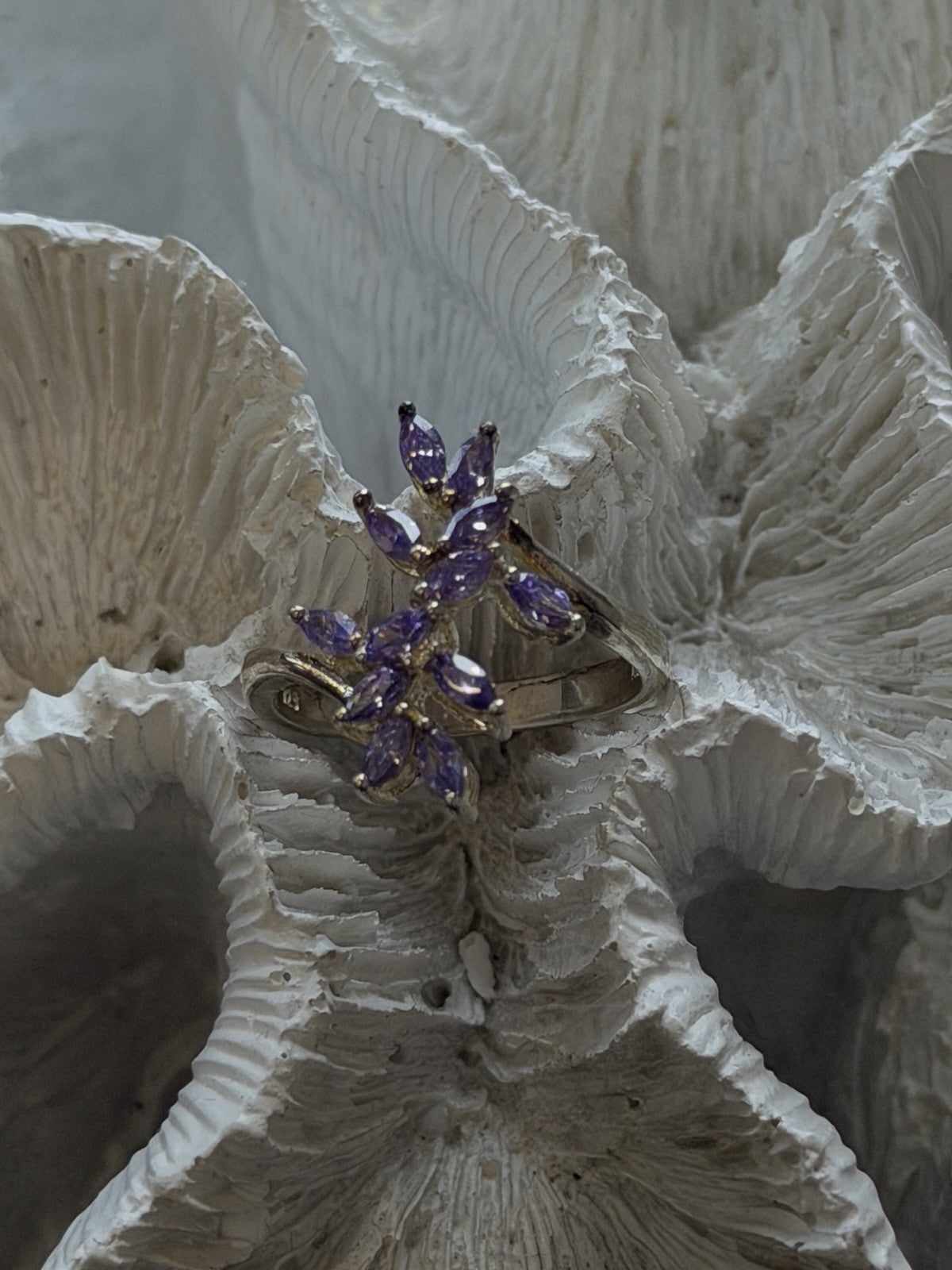 925 Sterling Silver Purple Amethyst Flower Ring Adjustable