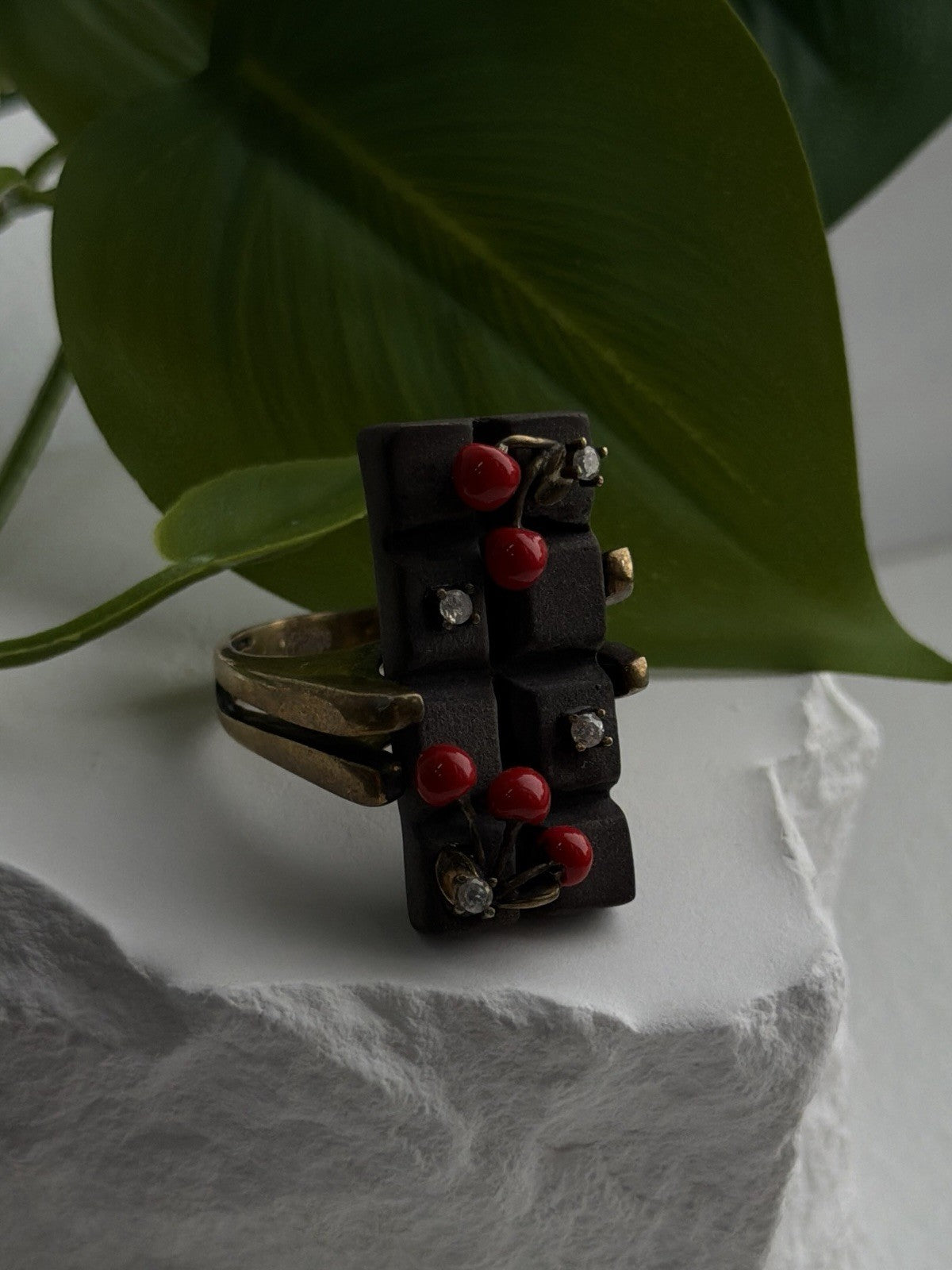 By Philippe Black Enamel & Red Bead Cherry 925 Sterling Silver Ring Size 8