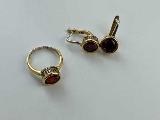 925 Sterling Silver Gold Plated Garnet & CZ Jewelry Set Turkey