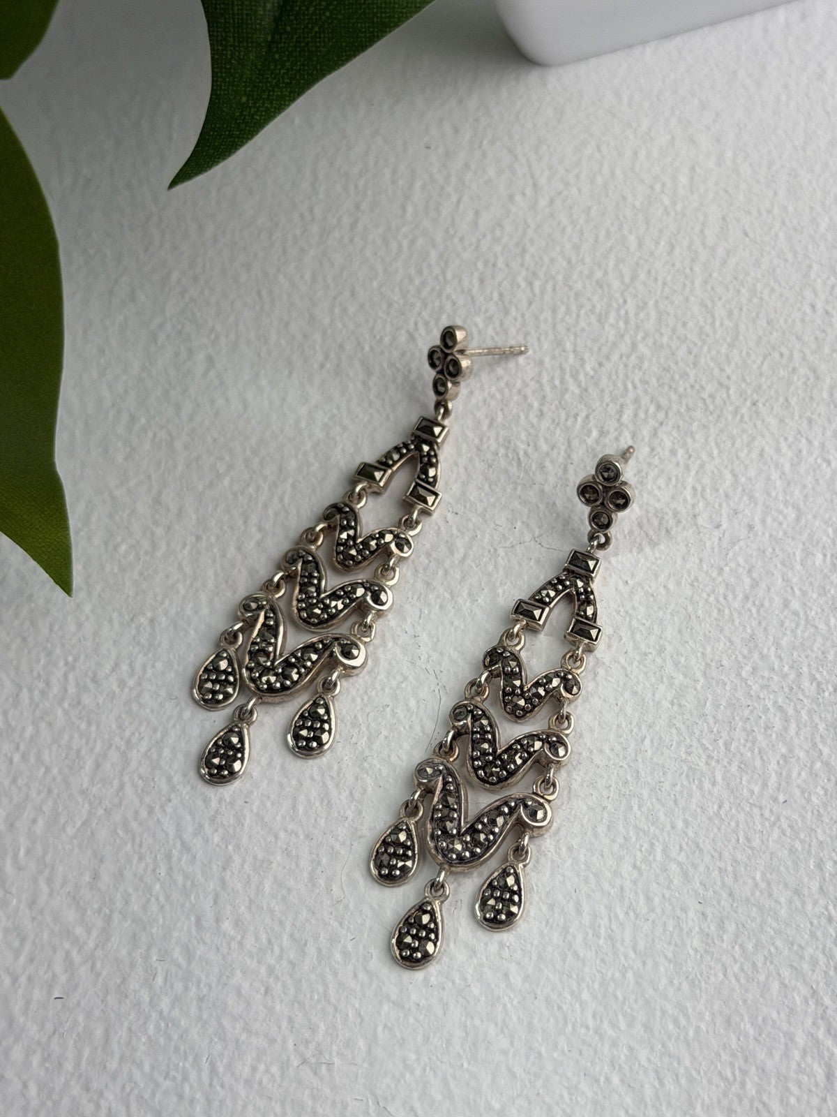 Vintage Dangle 925 Sterling Silver Marcasite Earrings