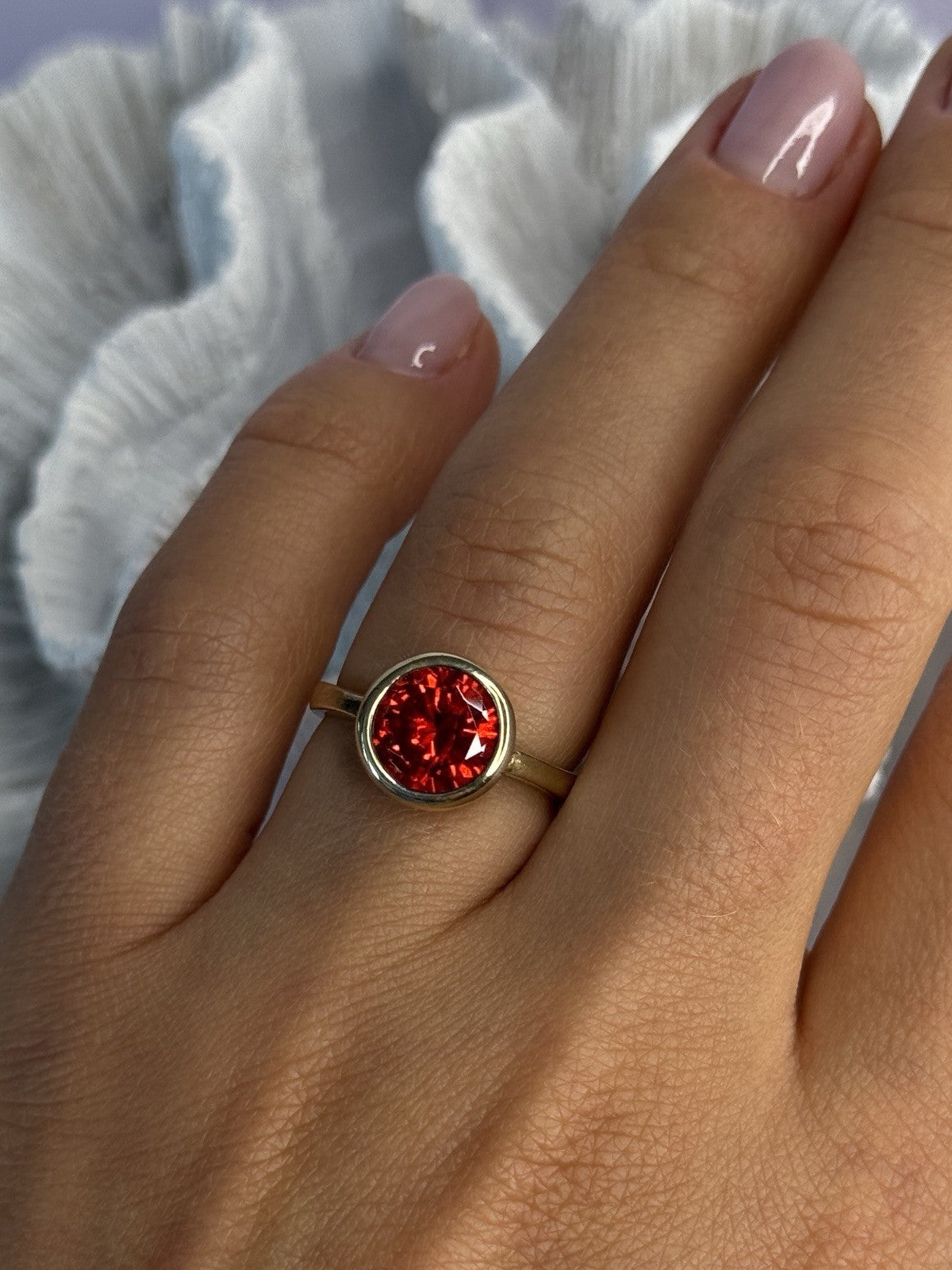 925 Sterling Silver Orange Crystal Ring Size 7