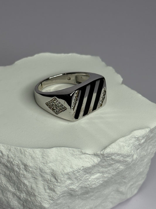 925 Sterling Silver Black Enamel & CZ Men'S Ring Size 11