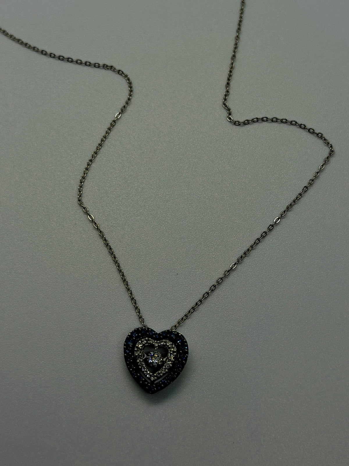 925 Sterling Silver Blue & White Spinel Heart Spinner Necklace
