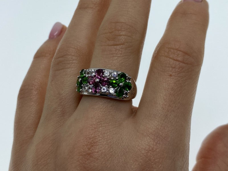 925 Sterling Silver Emerald, Pink Topaz & Goshenite "Flowers" Ring Size 7.5