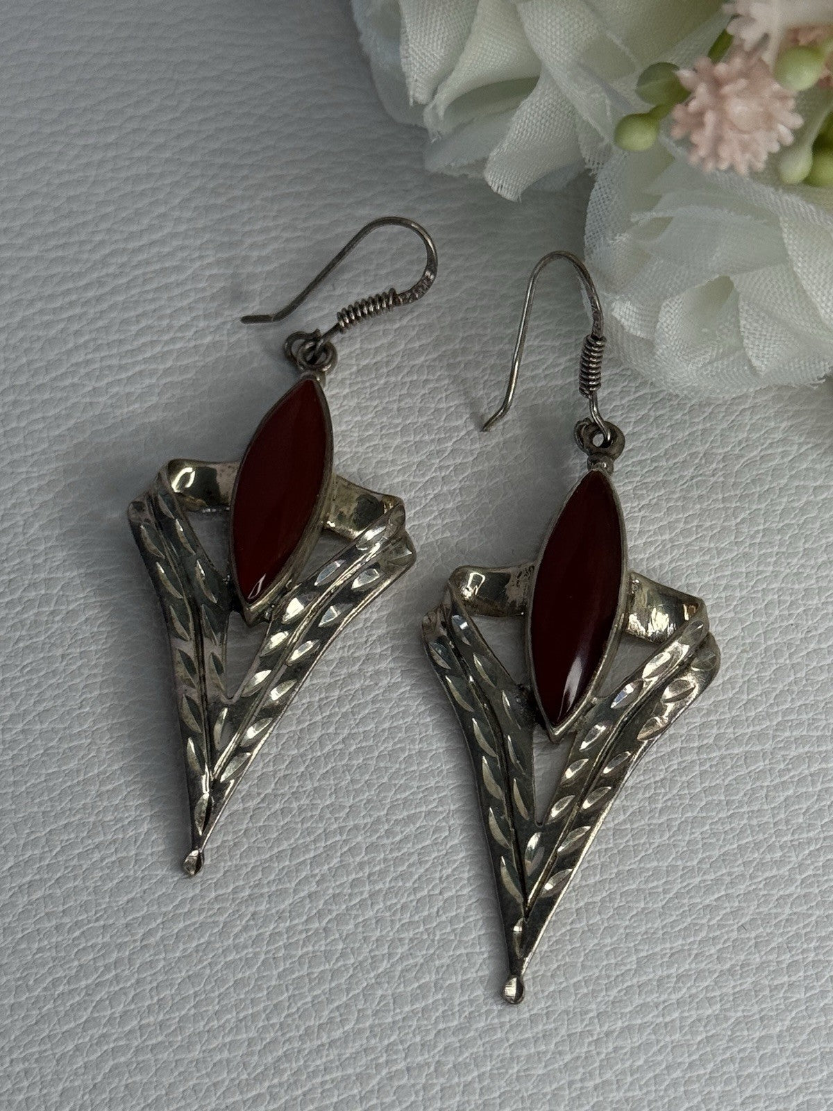 Vintage 925 Sterling Silver Agate Earrings Length 2.60 Inch