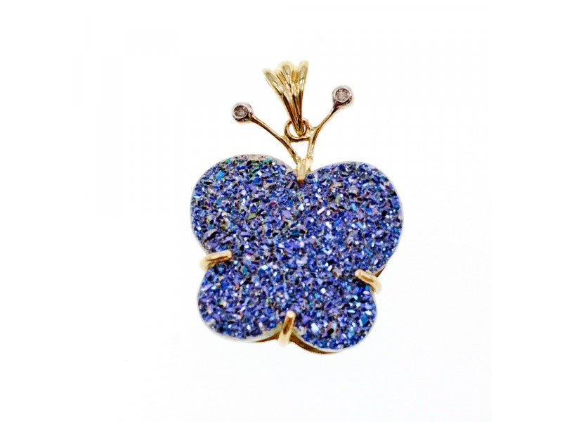 10K Yellow Gold Druzy Quartz & Diamonds Butterfly Pendant