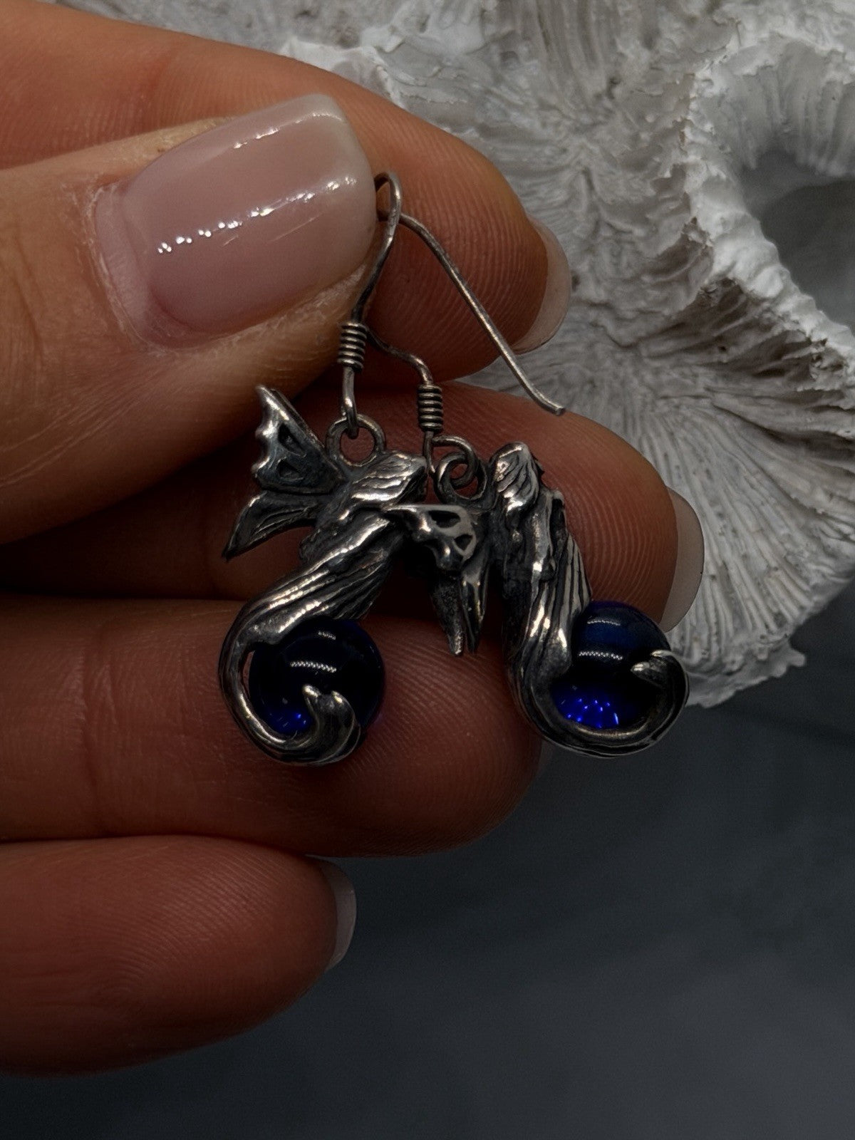 Vintage 925 Sterling Silver Fairy Blue Glass Orb Dangle Earrings Art Nouveau