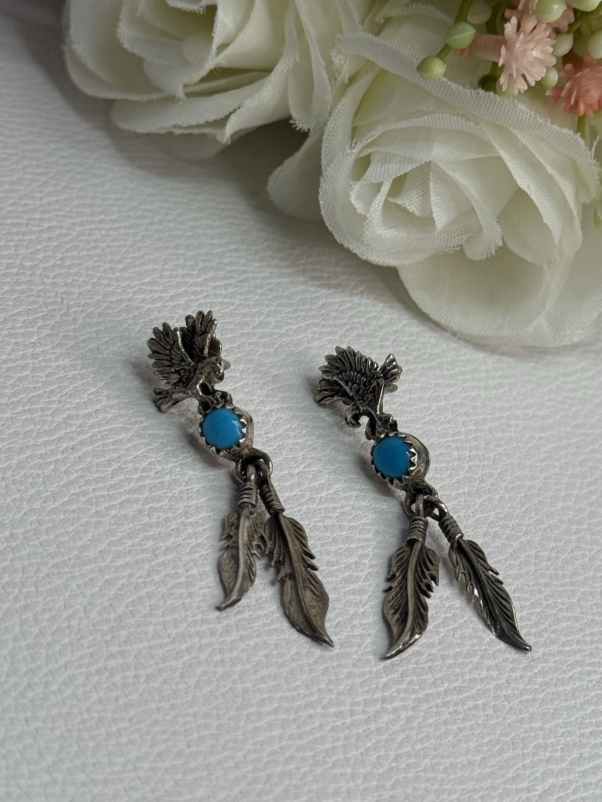 Navajo Flying Eagle 925 Sterling Silver Turquoise Earrings Length 1.60 Inch