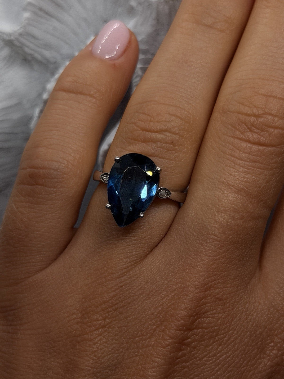 925 Sterling Silver London Blue Topaz Pear Cut with Diamond Accent Ring Size 7
