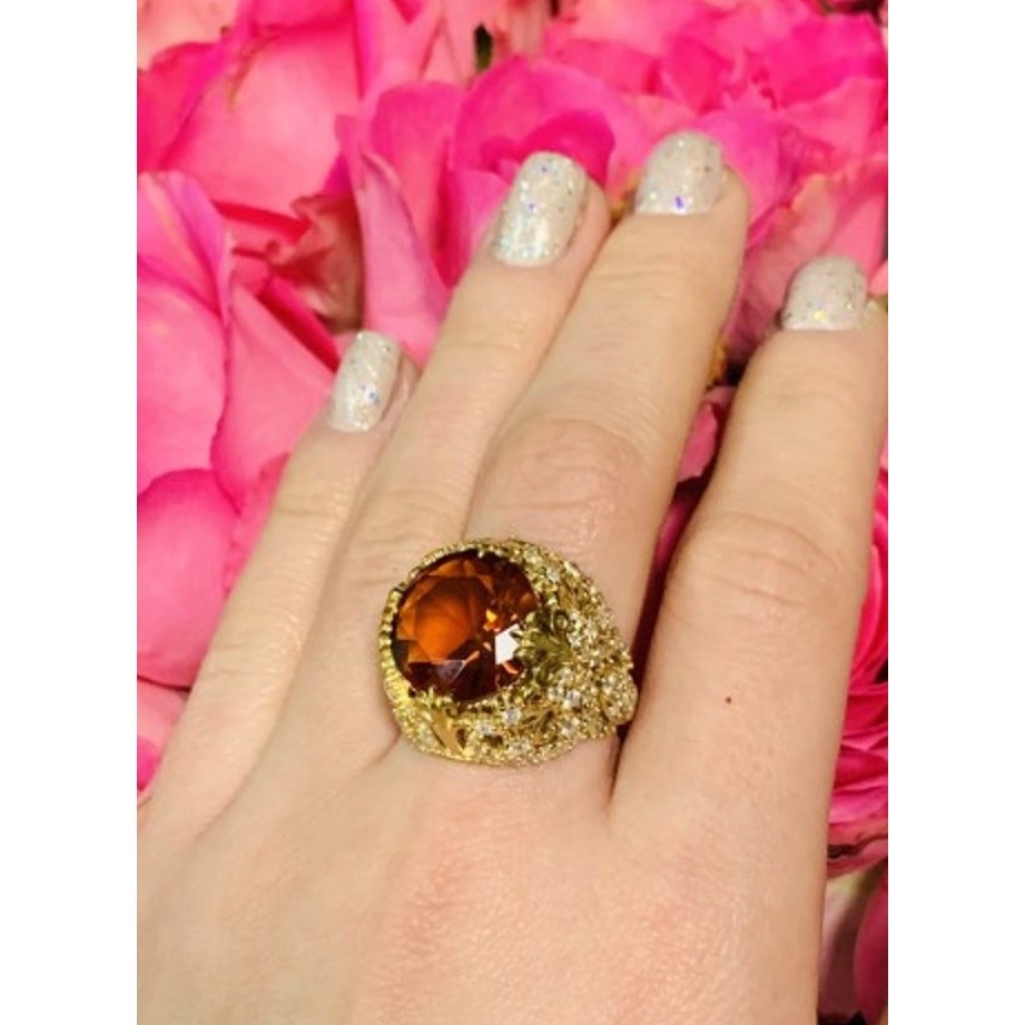 925 Sterling Silver Gold Plated Orange Alpanite & CZ Ring Size 10.25