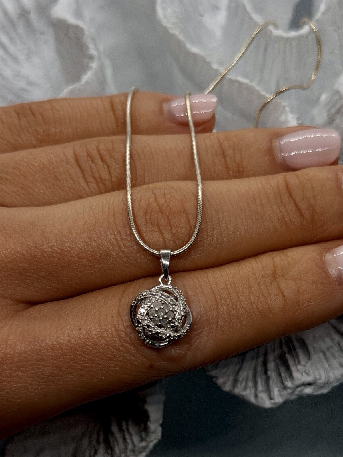 Floral Rose Design 925 Sterling Silver Diamond Cluster Swirl Necklace