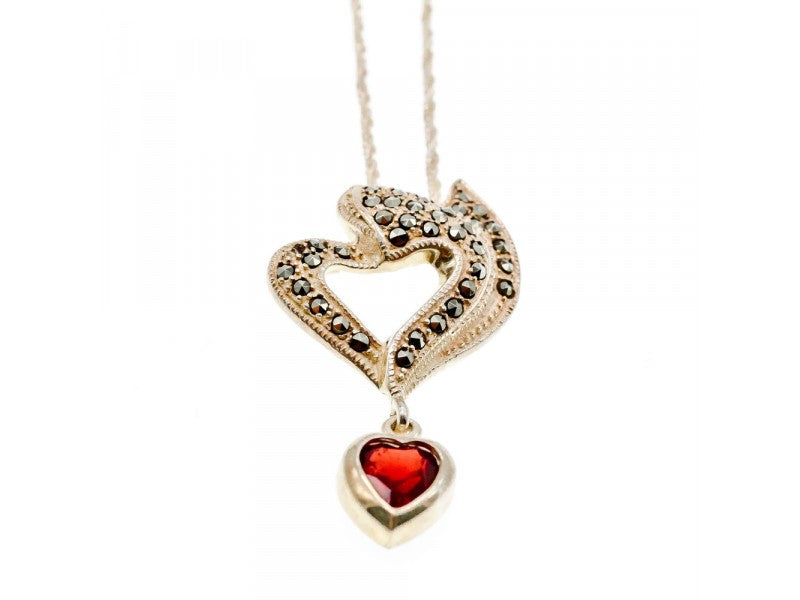 925 Sterling Silver Almandine & Marcasites Chain With Pendant