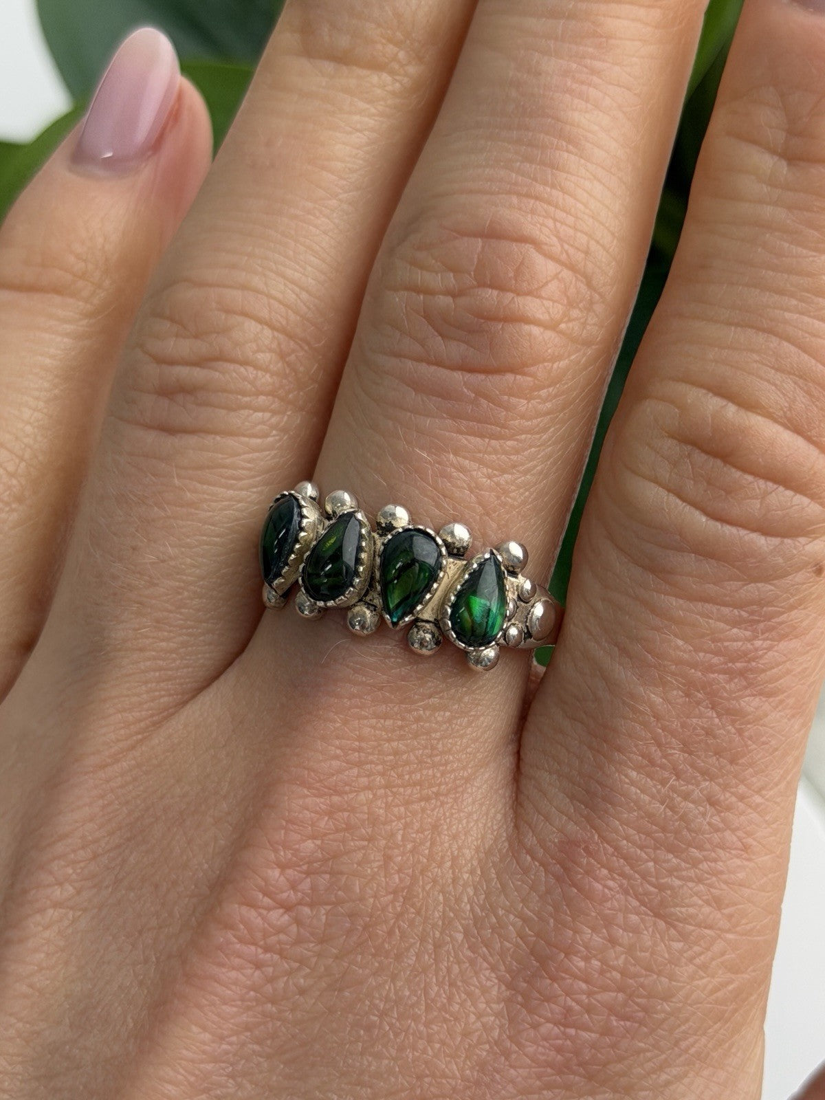 Vintage 925 Sterling Silver Green Paua Shell Ring Size 10