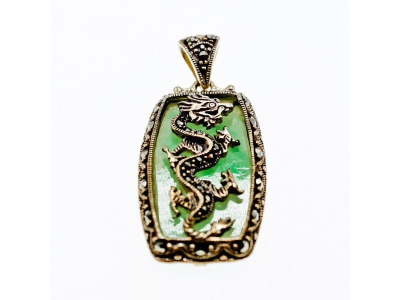 925 Sterling Silver Nephrite & Marcasites Dragon Pendant
