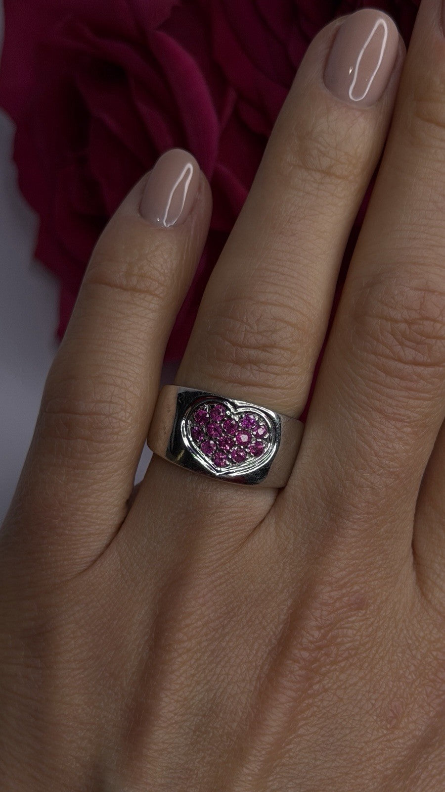 925 Sterling Silver Pink Topaz Heart Ring Size 7