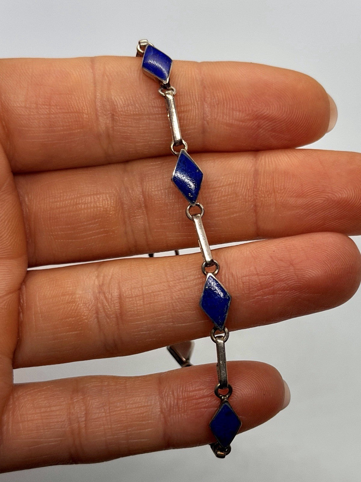 Vintage 925 Sterling Silver Sodalite Link Geometric Bracelet 6.5