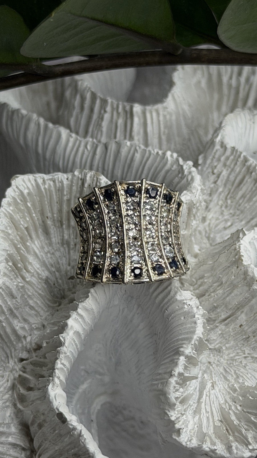925 Sterling Silver Blue Sapphires & Clear Topaz Stones Ring Size 6