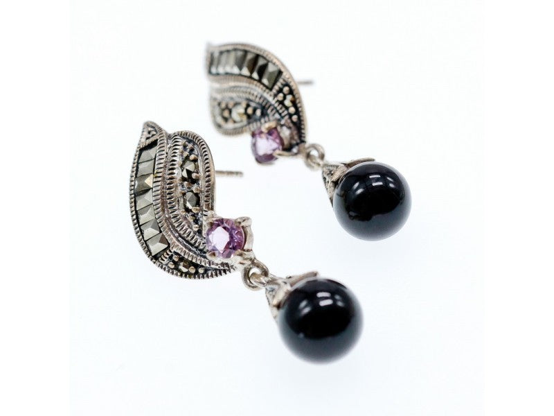 925 Sterling Silver Nephrite, Amethyst & Marcasites Earrings