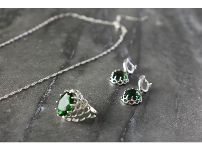 925 Sterling Silver Green CZ "Imitation Emerald" Set