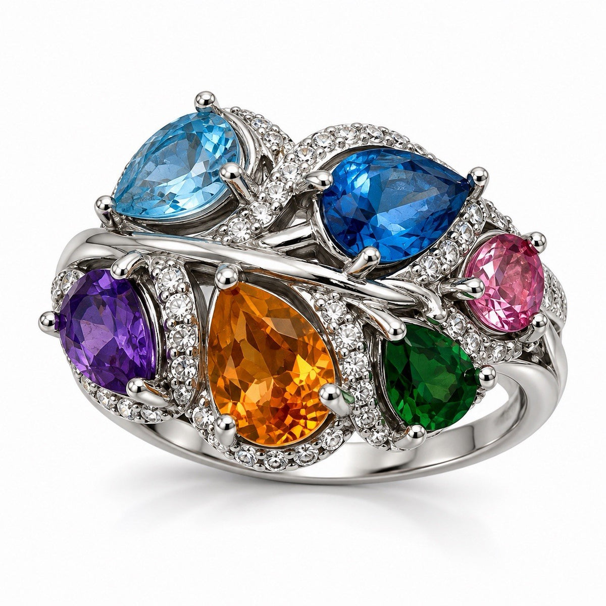 925 Sterling Silver Multi Color Tourmaline  Ring Size 6 Floral Design