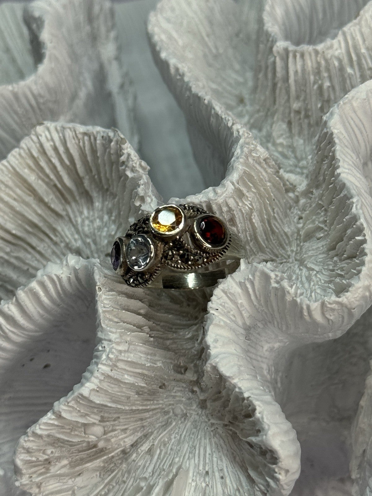 925 Sterling Silver Garnet, Citrine, Topaz, Amethyst & Marcasite Ring Size 5.5
