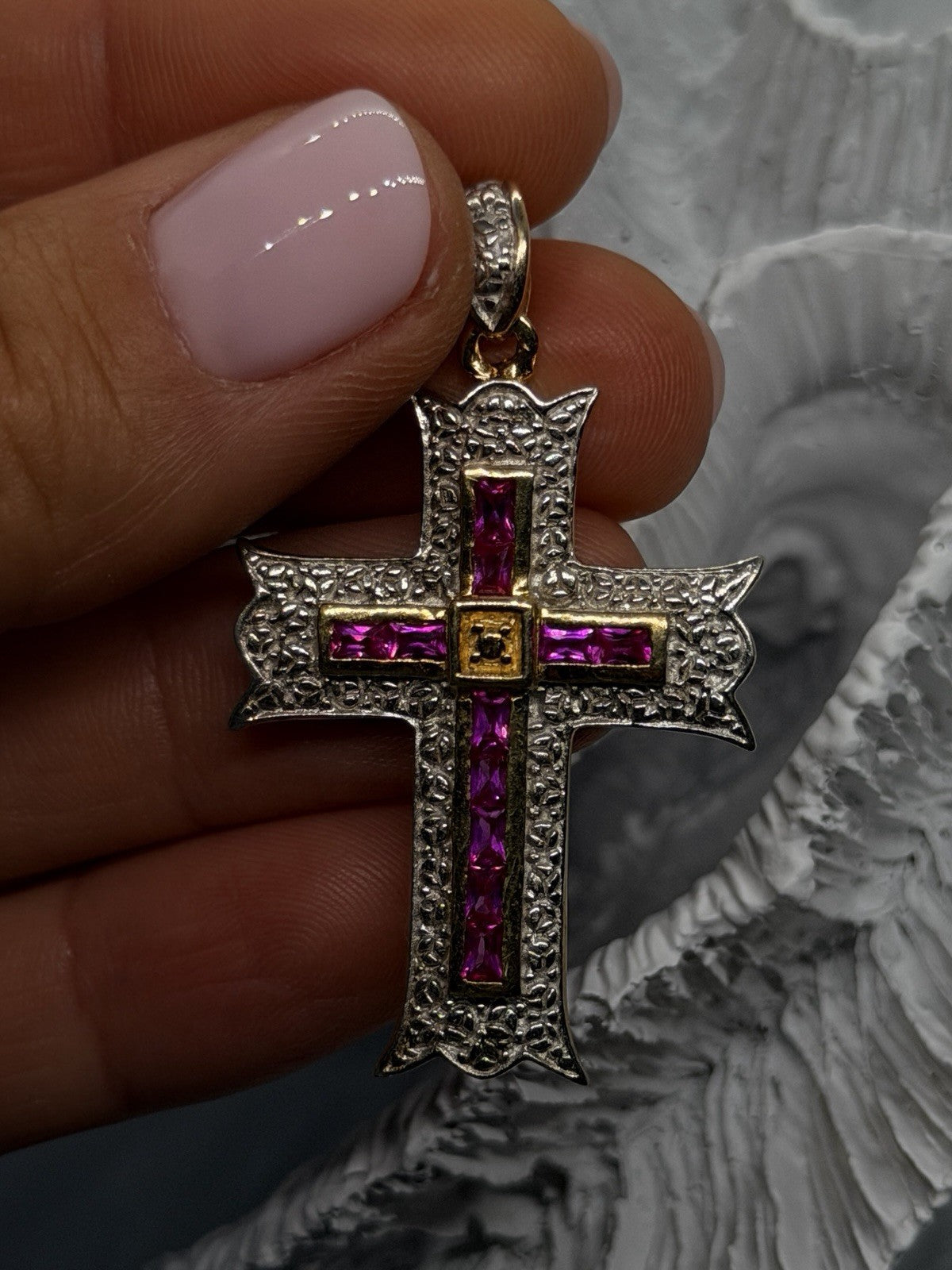 925 Sterling Silver Pink Sapphire Gold plated Cross Pendant