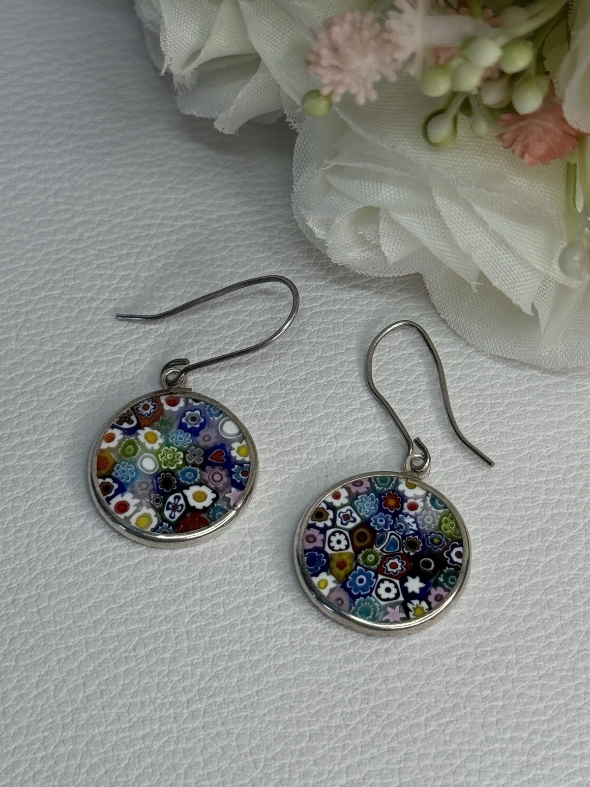 Murano Venice Millefiori 925 Sterling Silver Earrings Length 1.60 Inch