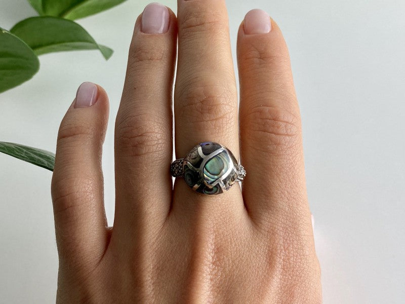 925 Sterling Silver Haliotis & Marcasites Ring Size 8.5