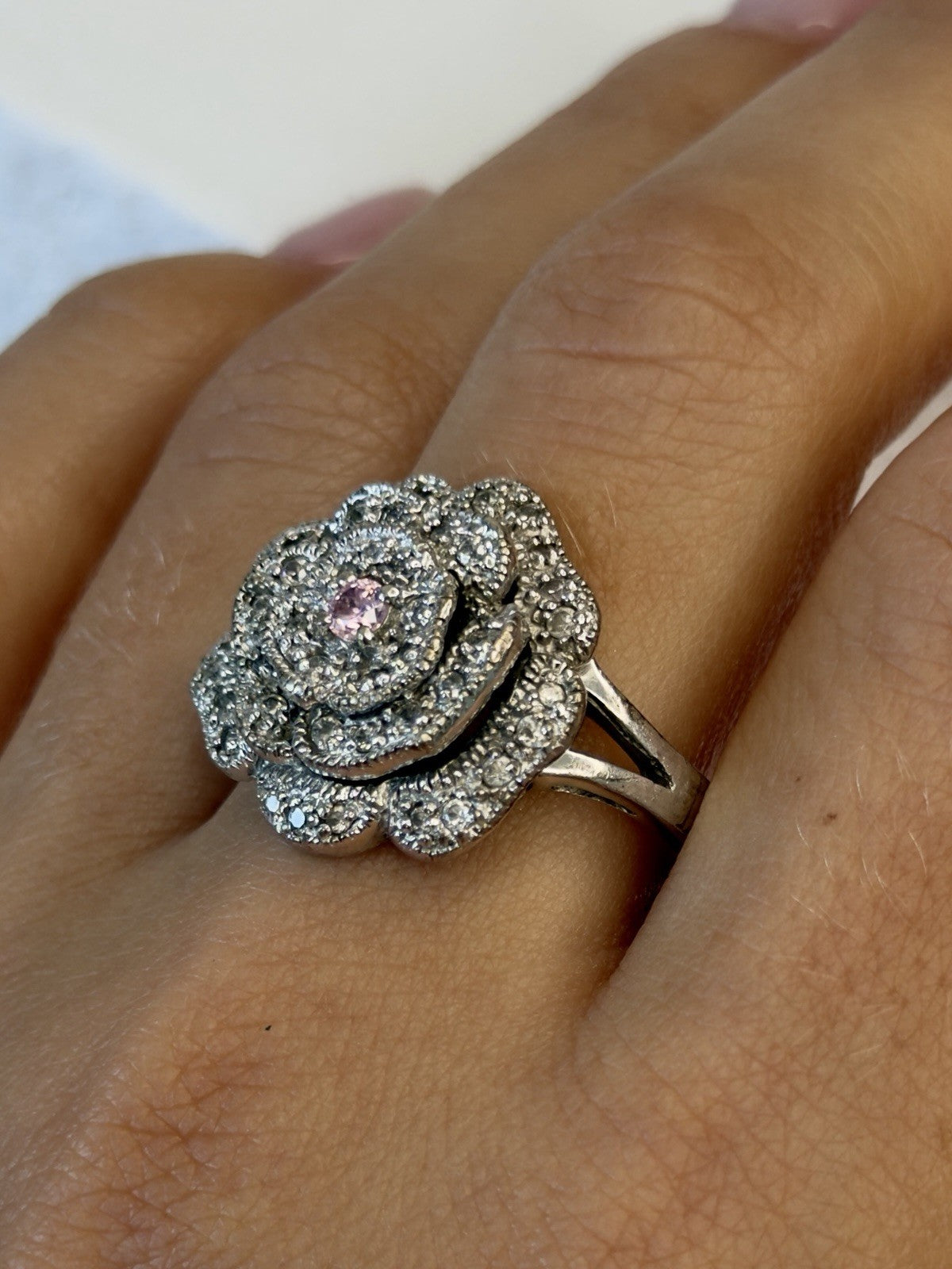 Sparkling Floral 925 Sterling Silver Pink & Clear Sapphire Stones Ring Size 11