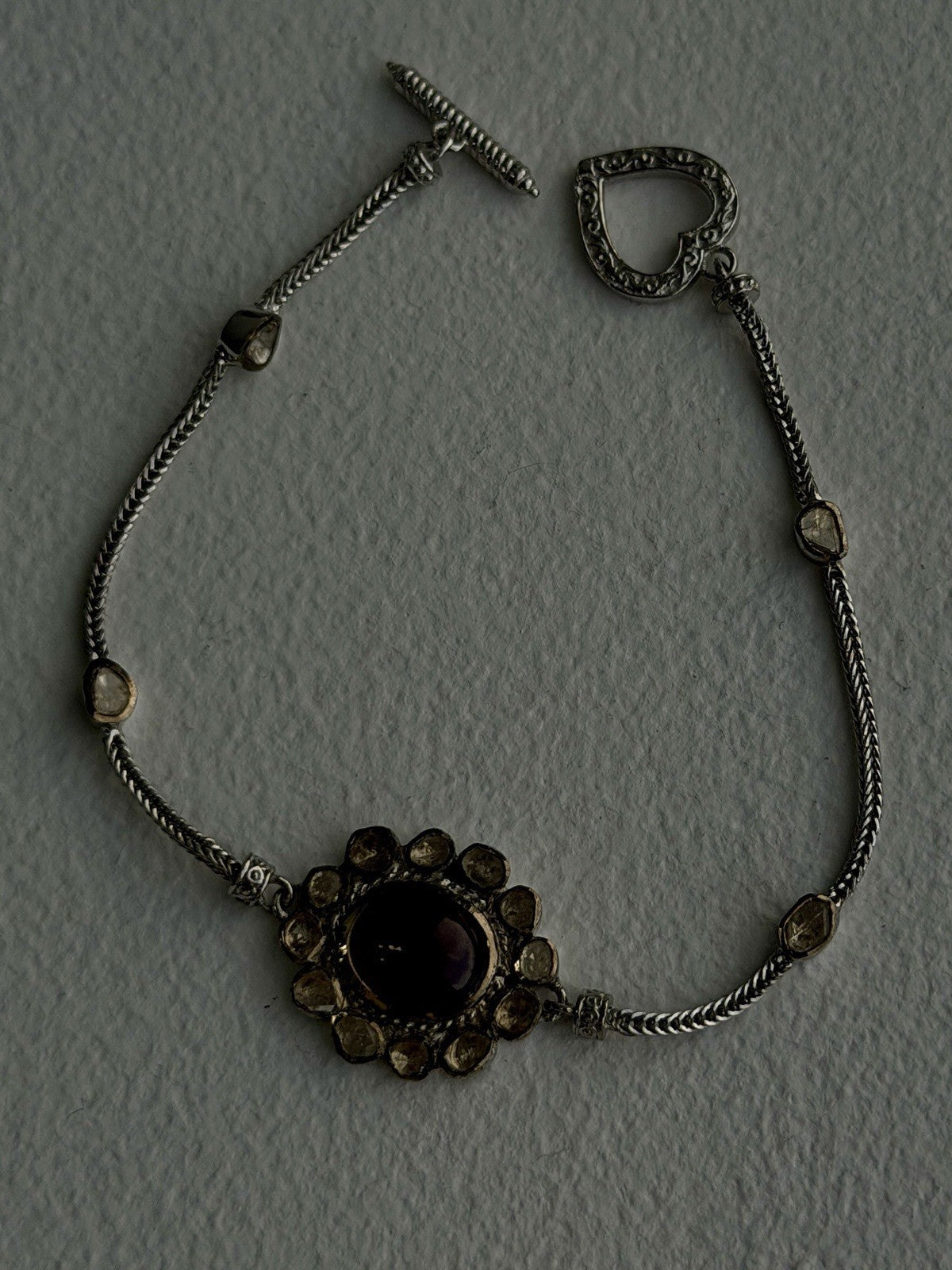 Antique Djoy 925 Sterling Silver Ruby & Beryl Flower Heart Bracelet 7