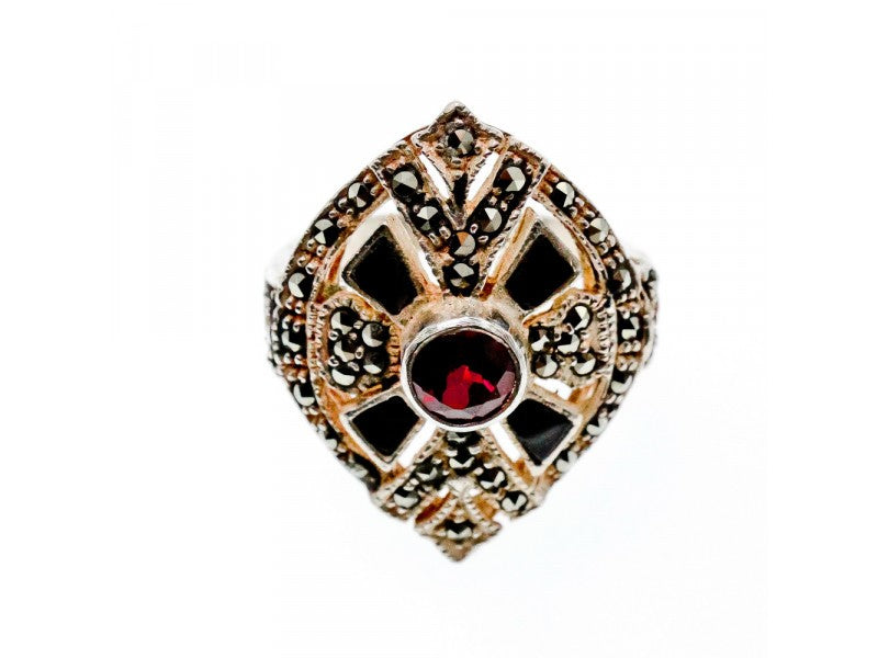 925 Sterling Silver Spessartine, Black Nephrite & Marcasites Ring Size 6.5
