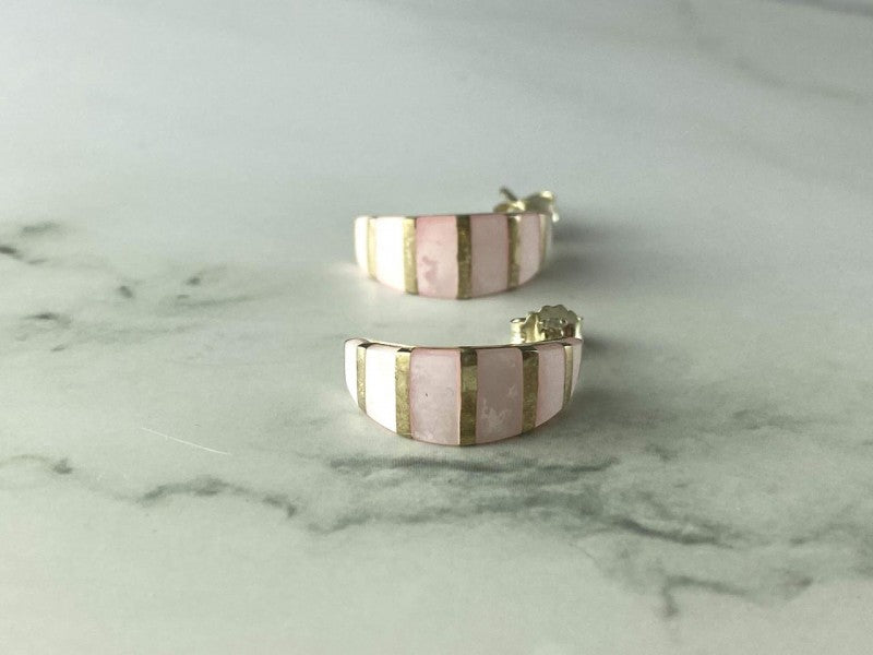 925 Sterling Silver Gold Plated Pink Mother Of Pearl Stud Earrings