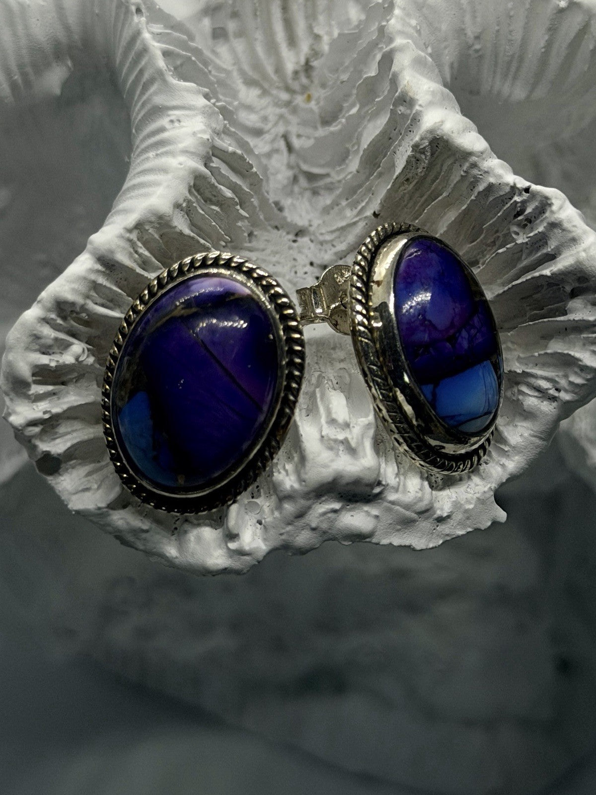 925 Sterling Silver Purple & Blue Turquoise Composite Stone Oval Stud Earrings