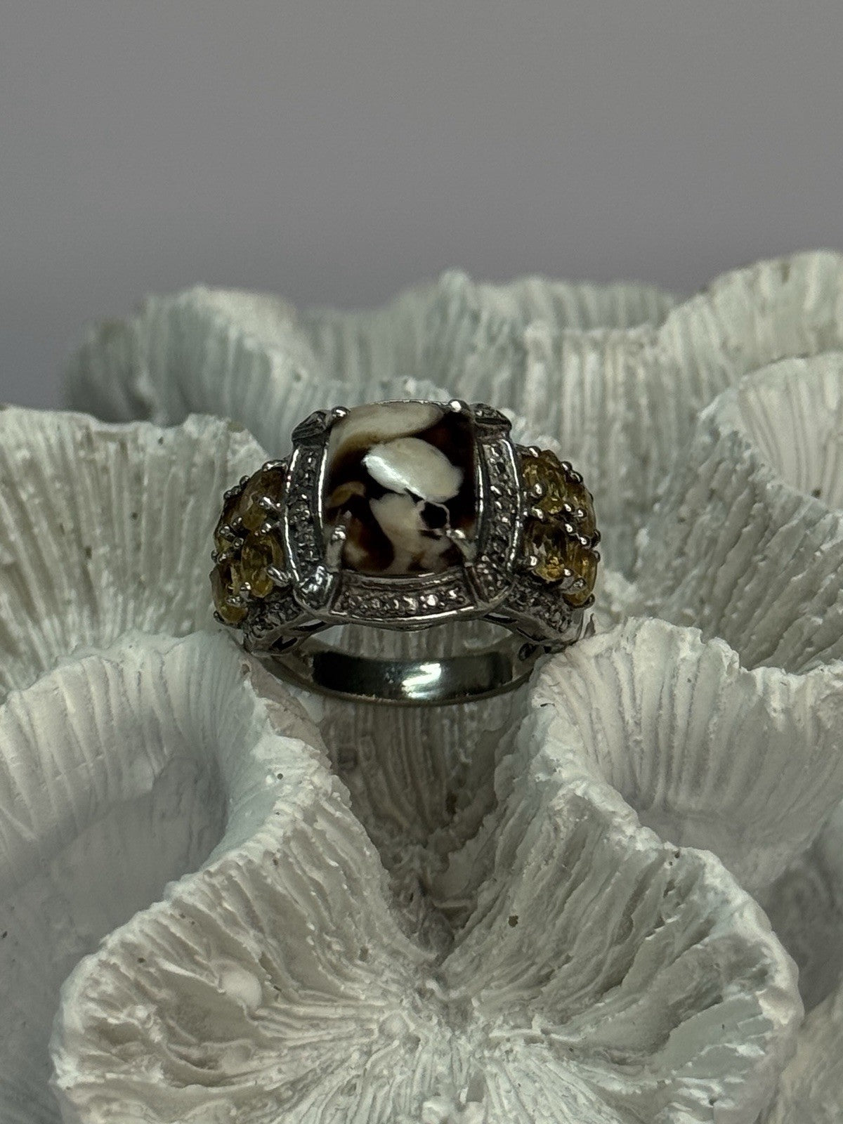 925 Sterling Silver Agate Citrine & Beryl Ring Size 6