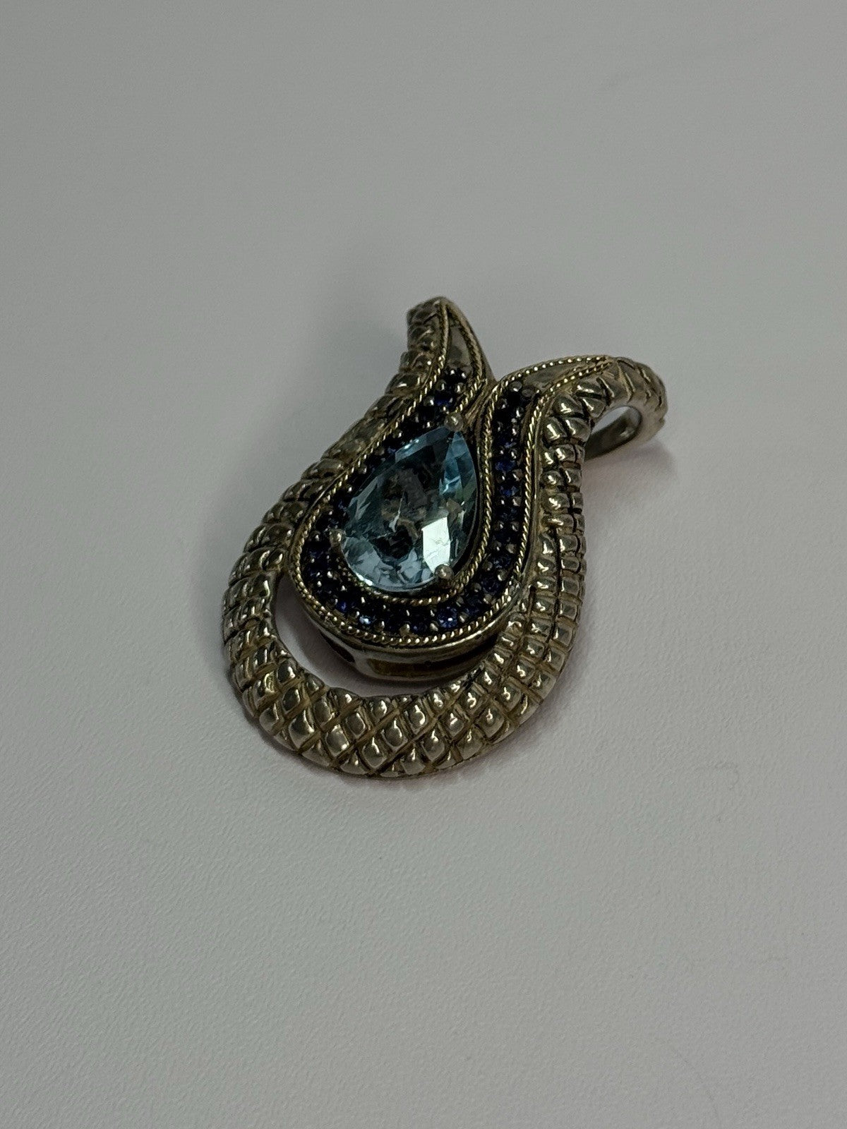 925 Sterling Silver 18k Yellow Gold Topaz & Sapphire Pendant Length 1.3 Inch
