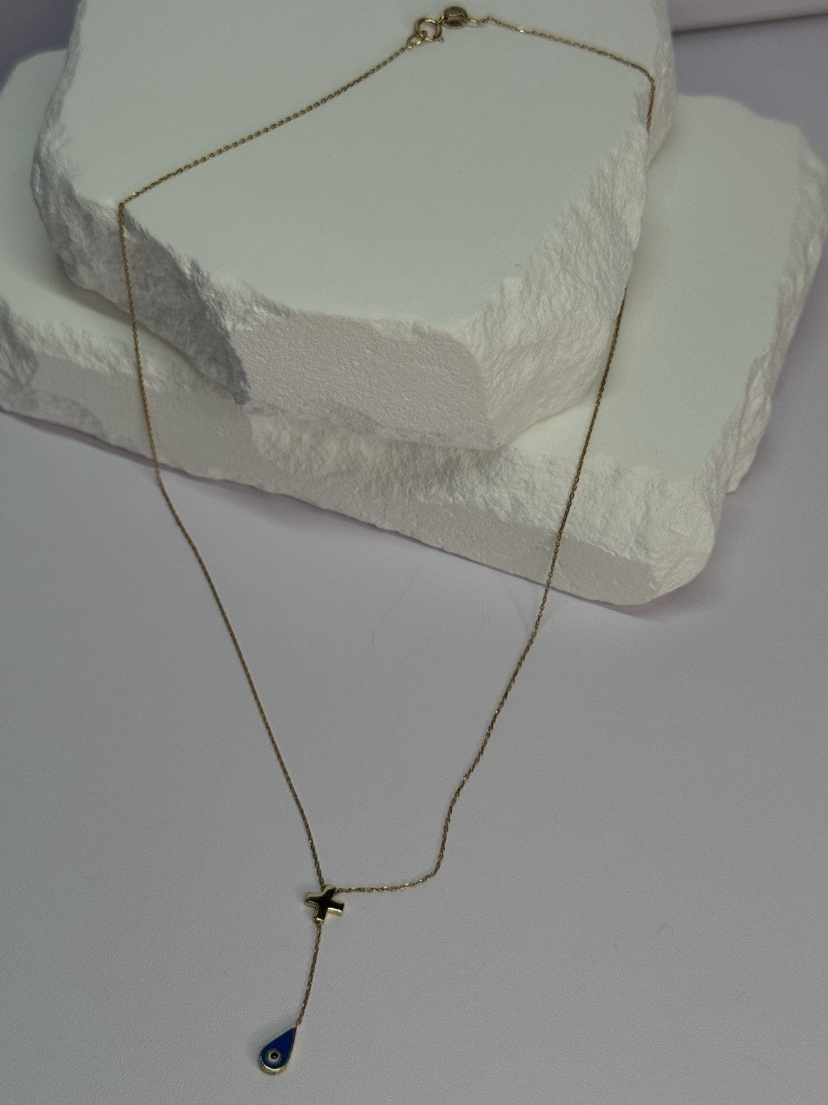 14K YELLOW GOLD CROSS EVIL EYE NECKLACE LENGTH 15 INCH