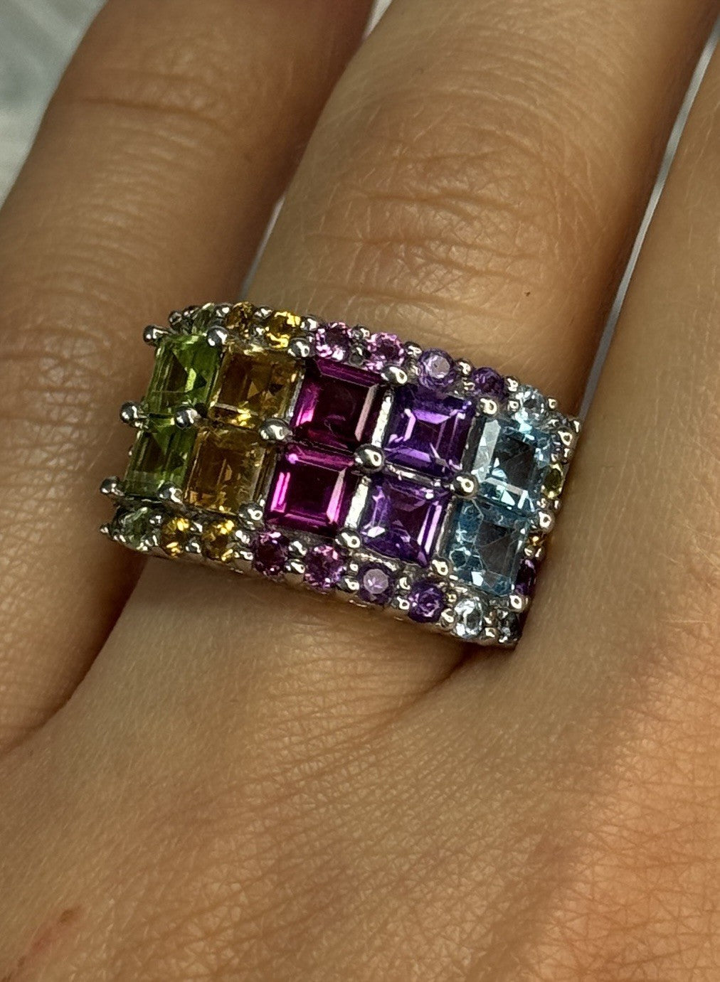 925 Sterling Silver Multicolor Stones Ring Size 7