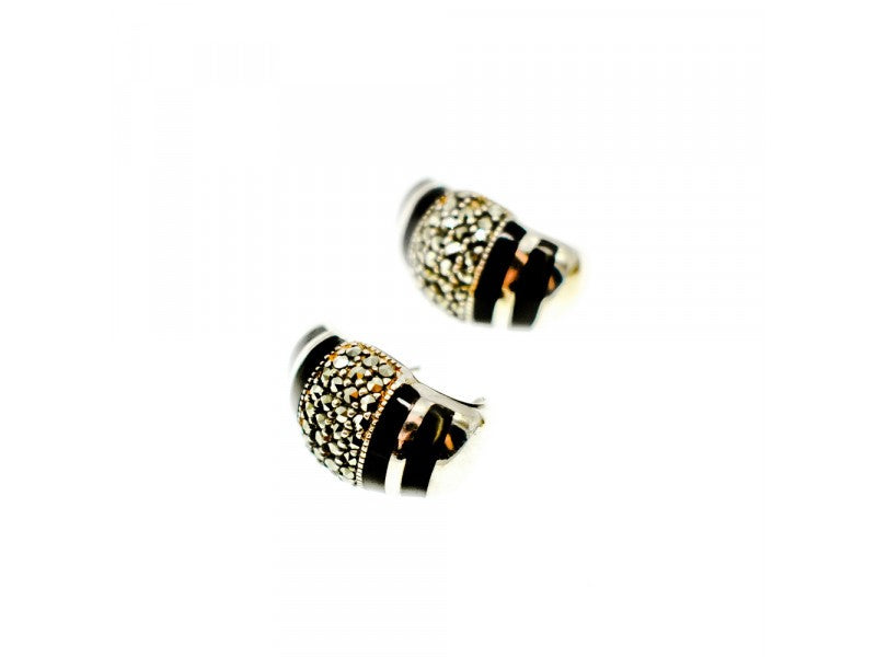 925 Sterling Silver Black Nephrite & Marcasites Earrings