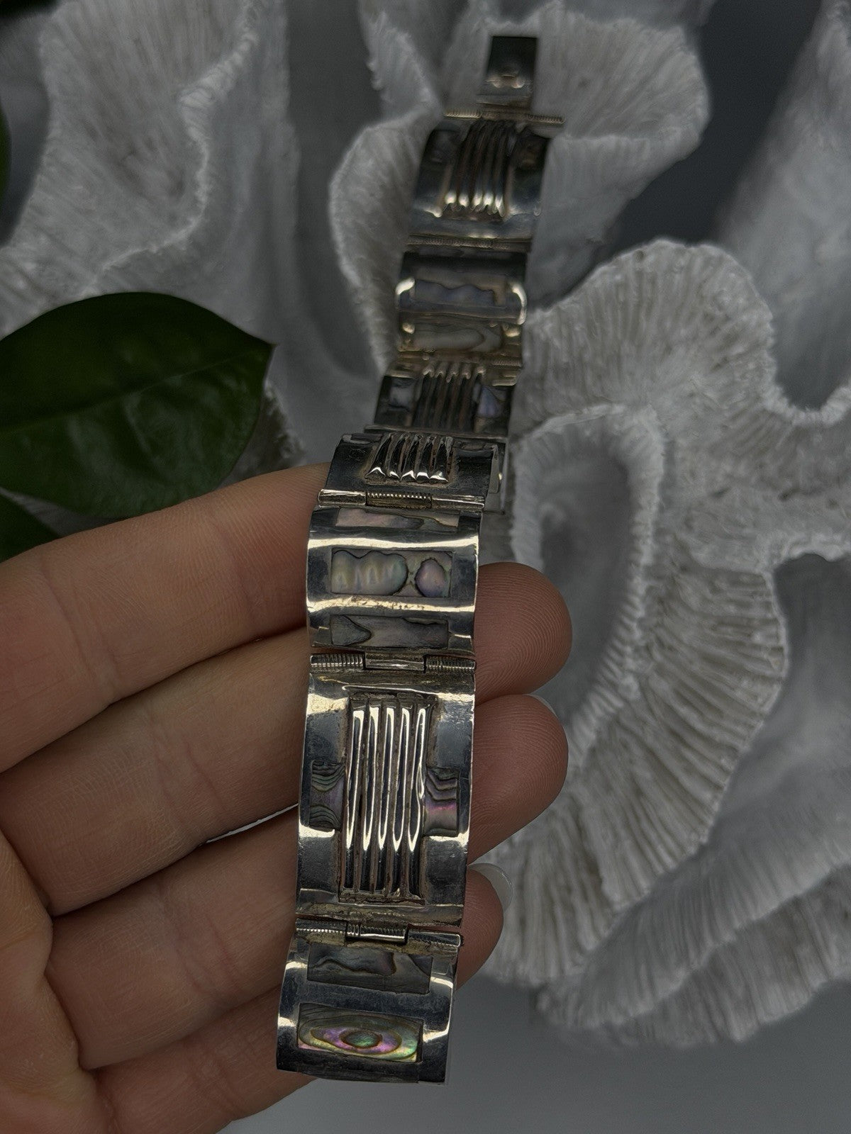 Vintage 925 Sterling Silver Abalone Mother of Pearl Bracelet Length 7