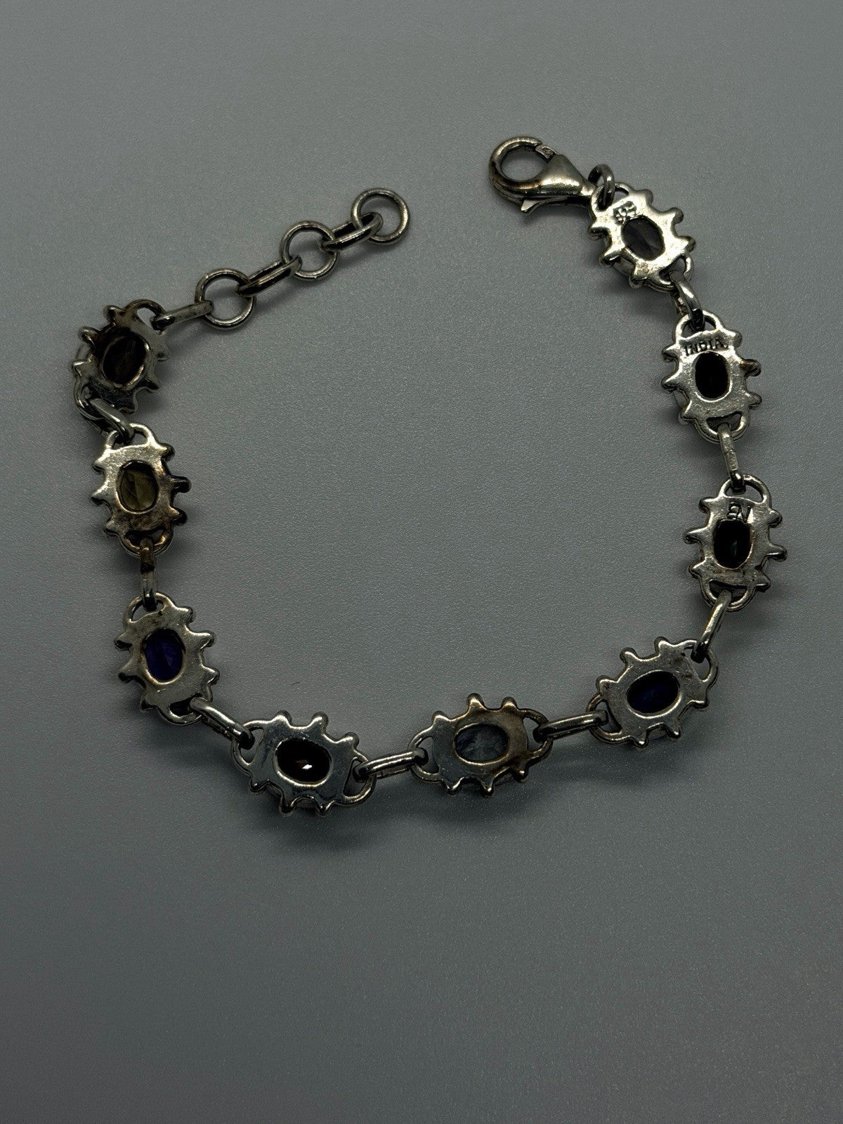 Vintage 925 Sterling Silver Multi-Gemstone Oval Link Bracelet Size 7