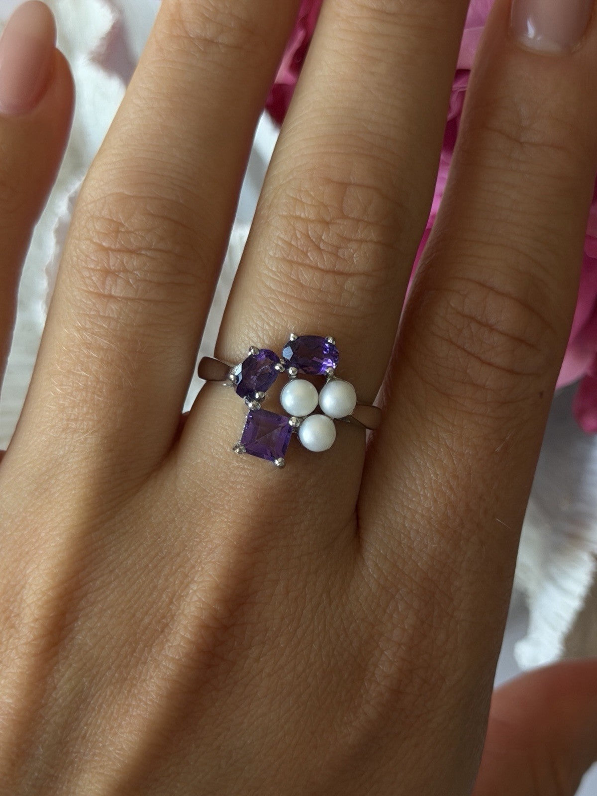 925 Sterling Silver Amethyst & Pearl Ring Size 8