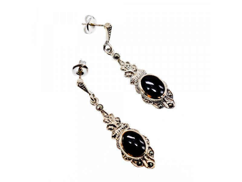Vintage 925 Sterling Silver Onyx & Marcasites Earrings