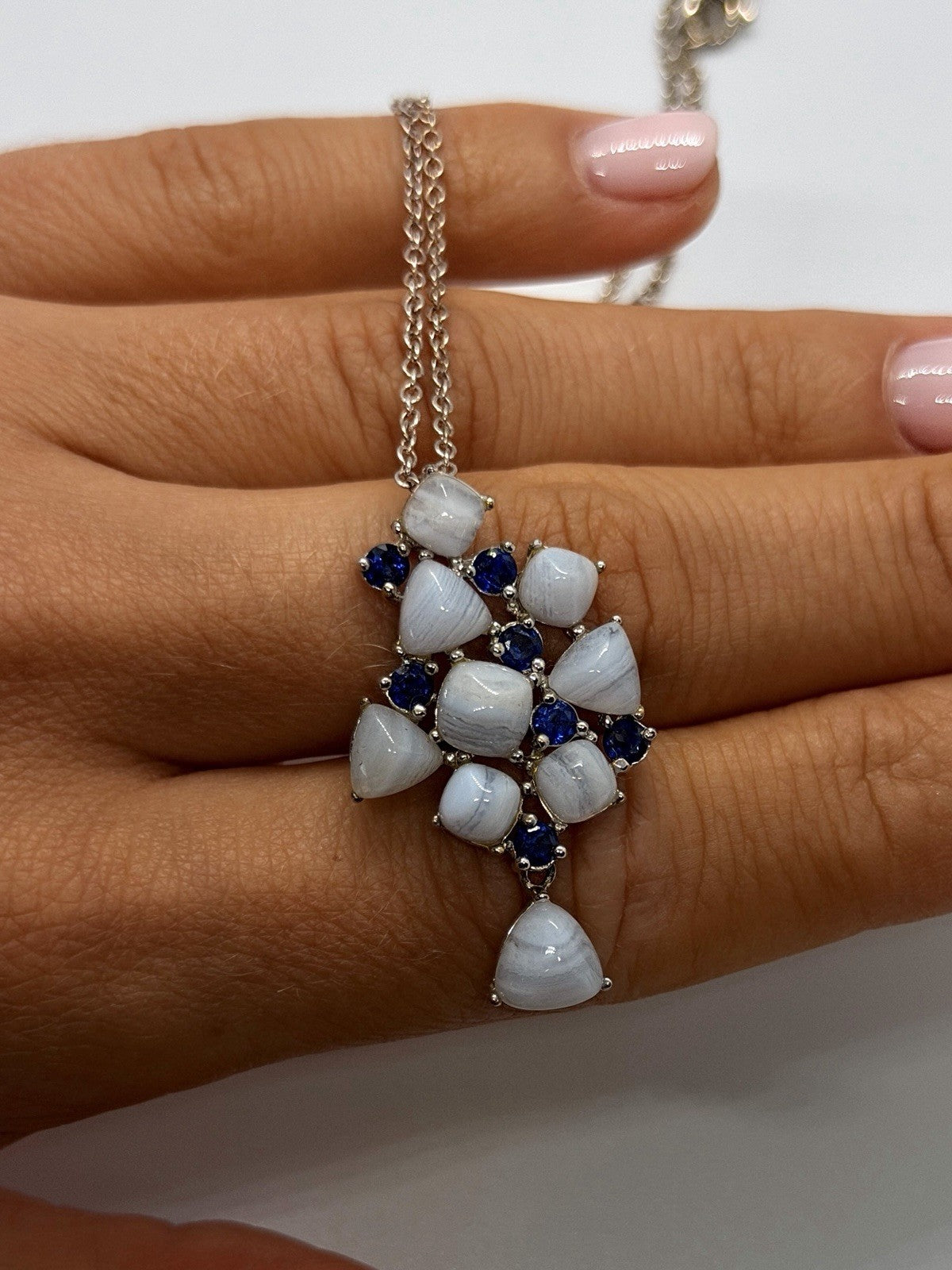 925 Sterling Silver Blue Lace Agate & Blue Sapphire Statement Pendant Necklace