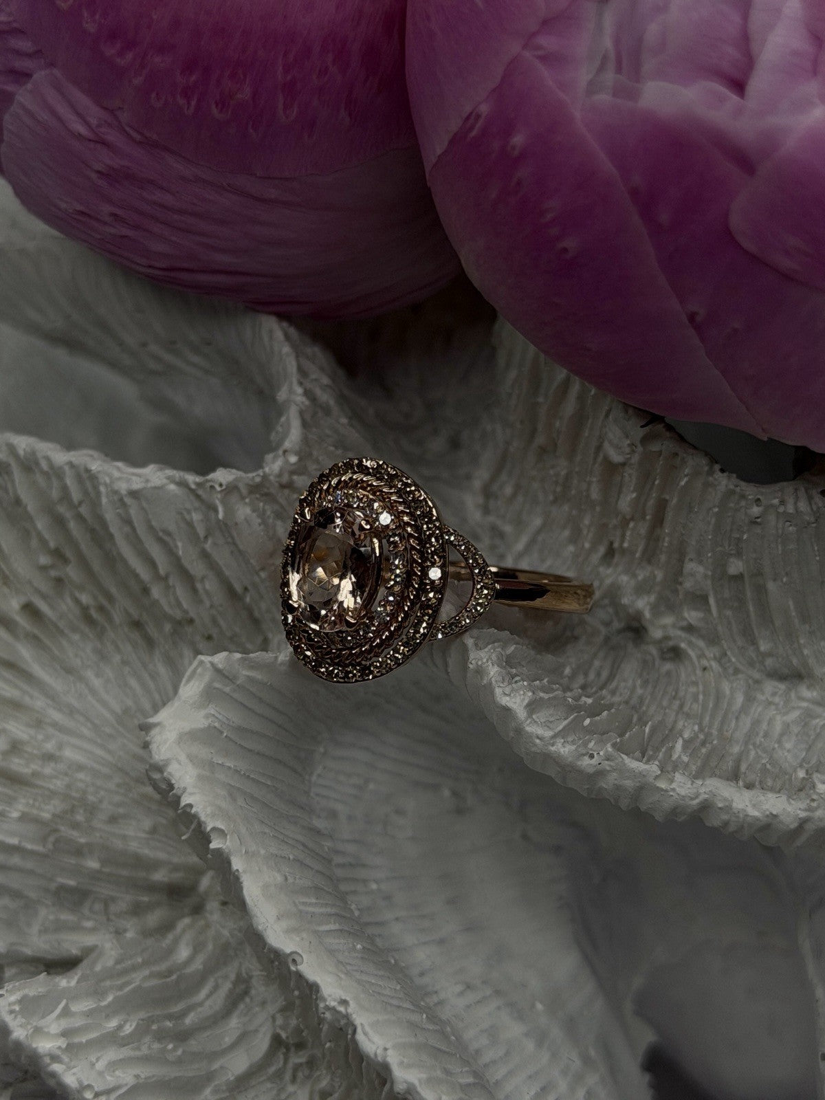 10K Rose Gold Morganite White & Brown Diamonds Ring Size 7