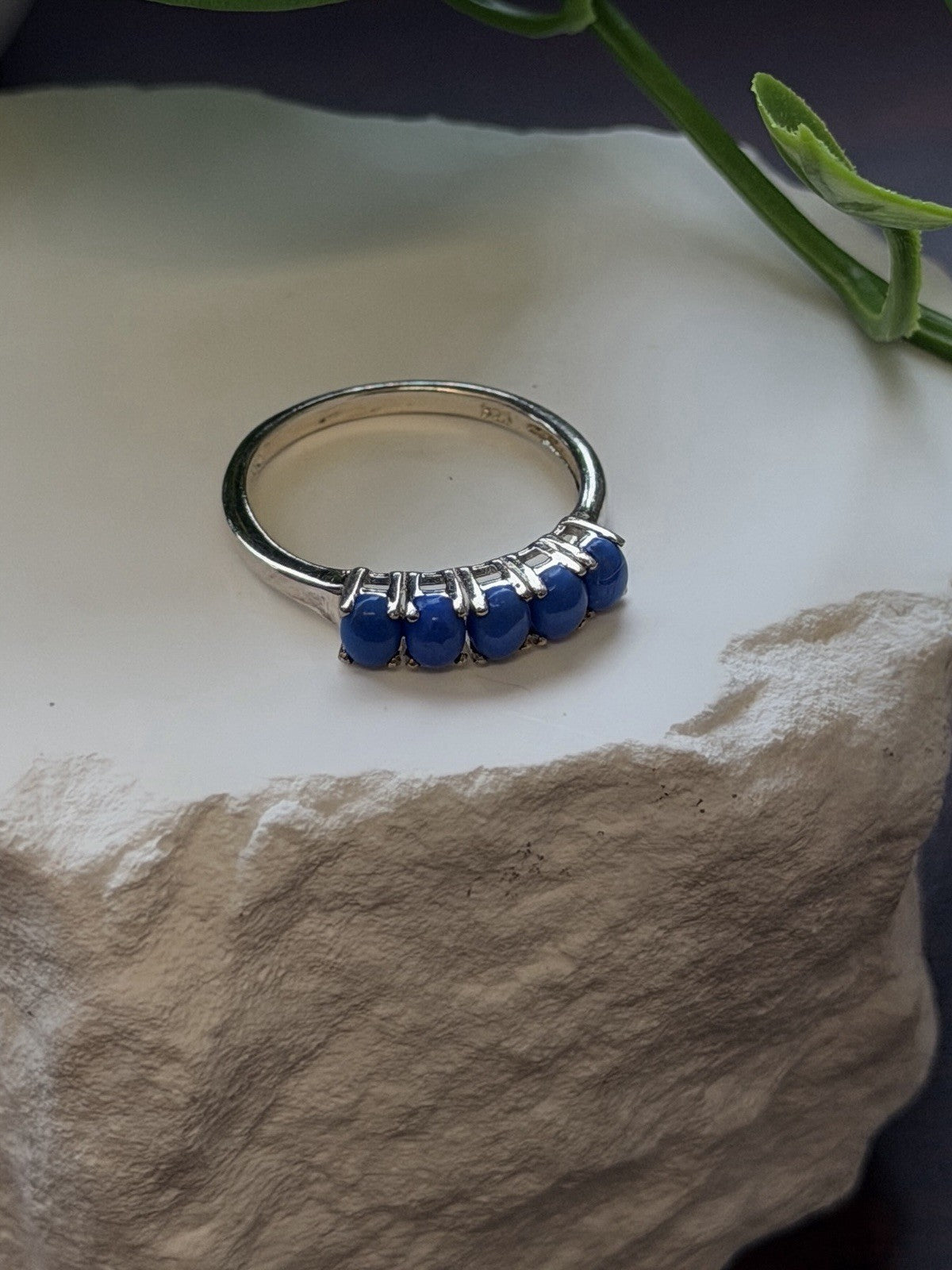 925 Sterling Silver Five Stone Oval Blue Turquoise Ring Size 7