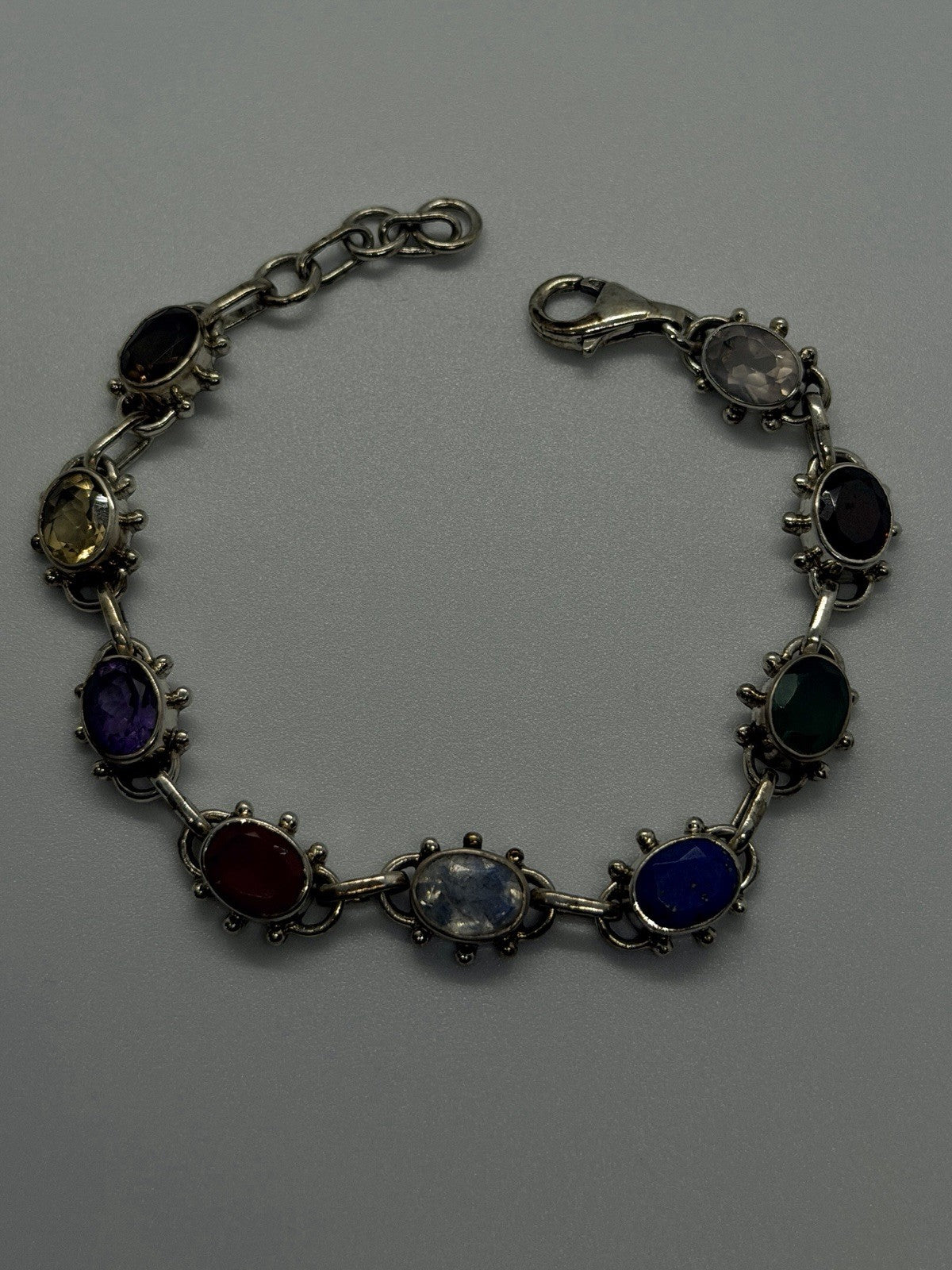 Vintage 925 Sterling Silver Multi-Gemstone Oval Link Bracelet Size 7