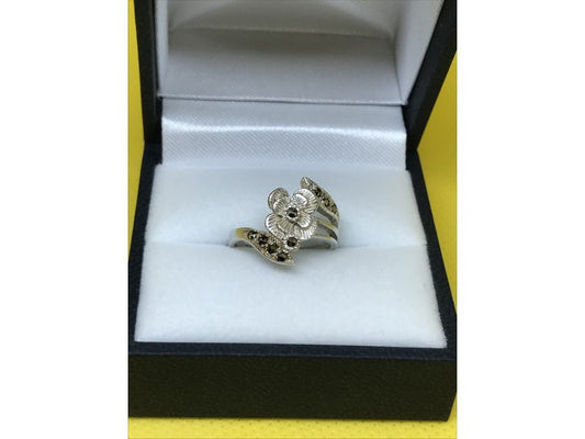 925 Sterling Silver Black Spinel "Flower" Ring Size 5