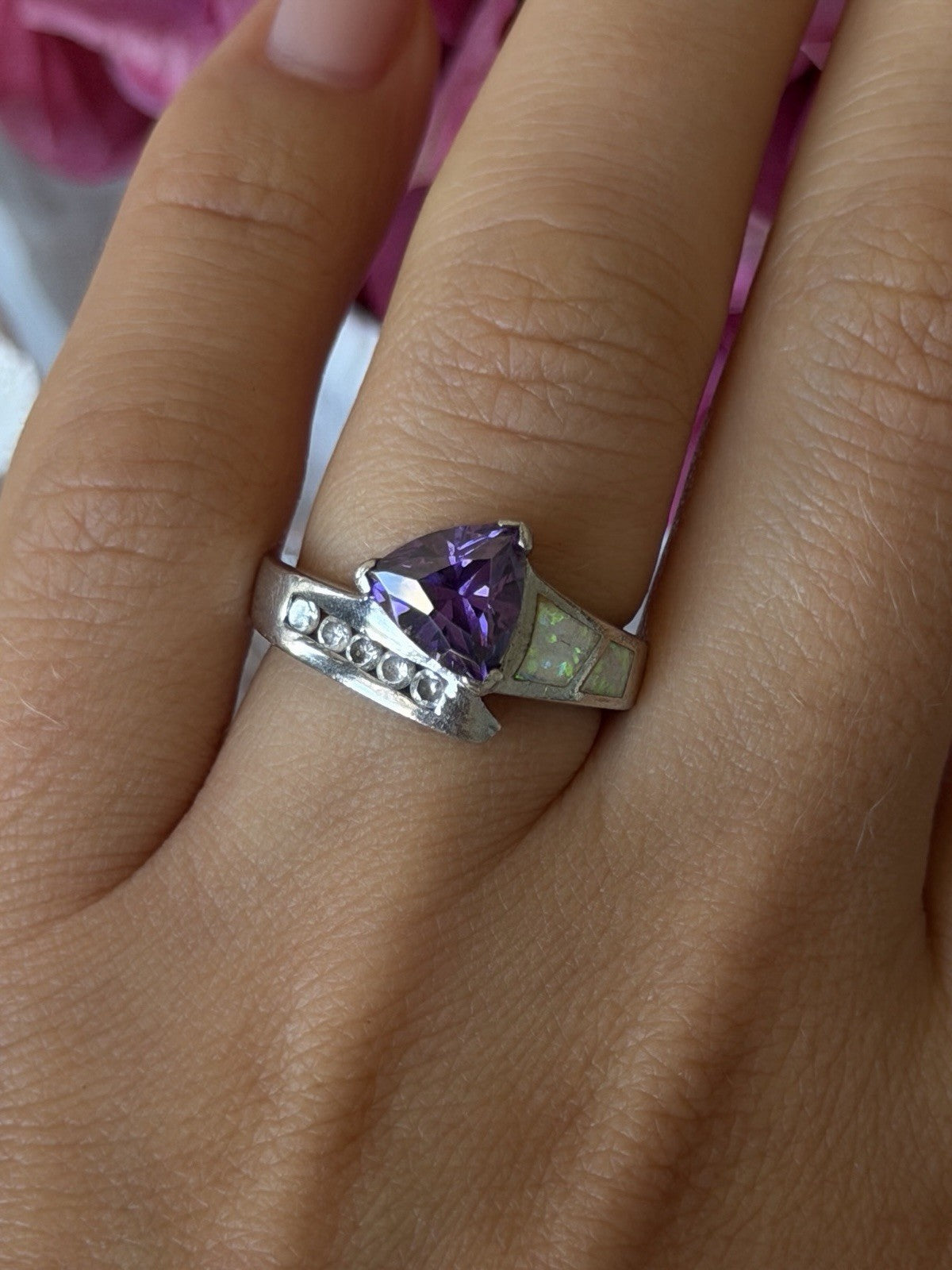 925 Sterling Silver Amethyst Opal Beryl Ring Size 7