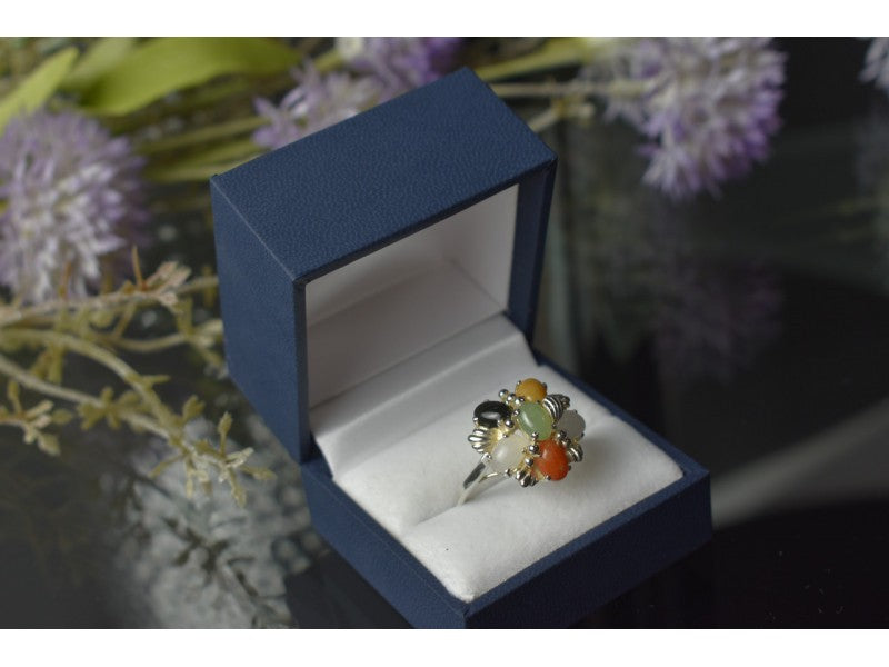 925 Sterling Silver Multicolor Agate, Nephrite & Amber Ring Size 10.25