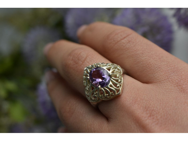 925 Sterling Silver Purple Tourmaline Ring Size 8